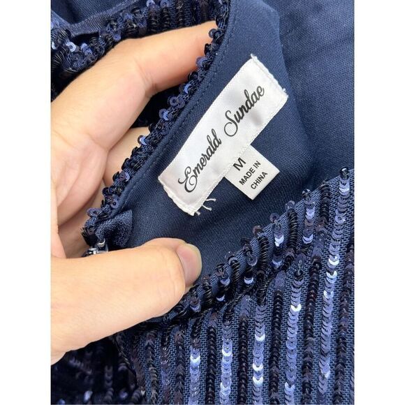 Emerald Sundae Sequined Gown Size Medium Dark Blue Adjustable Straps Side Slit - Picture 8 of 9